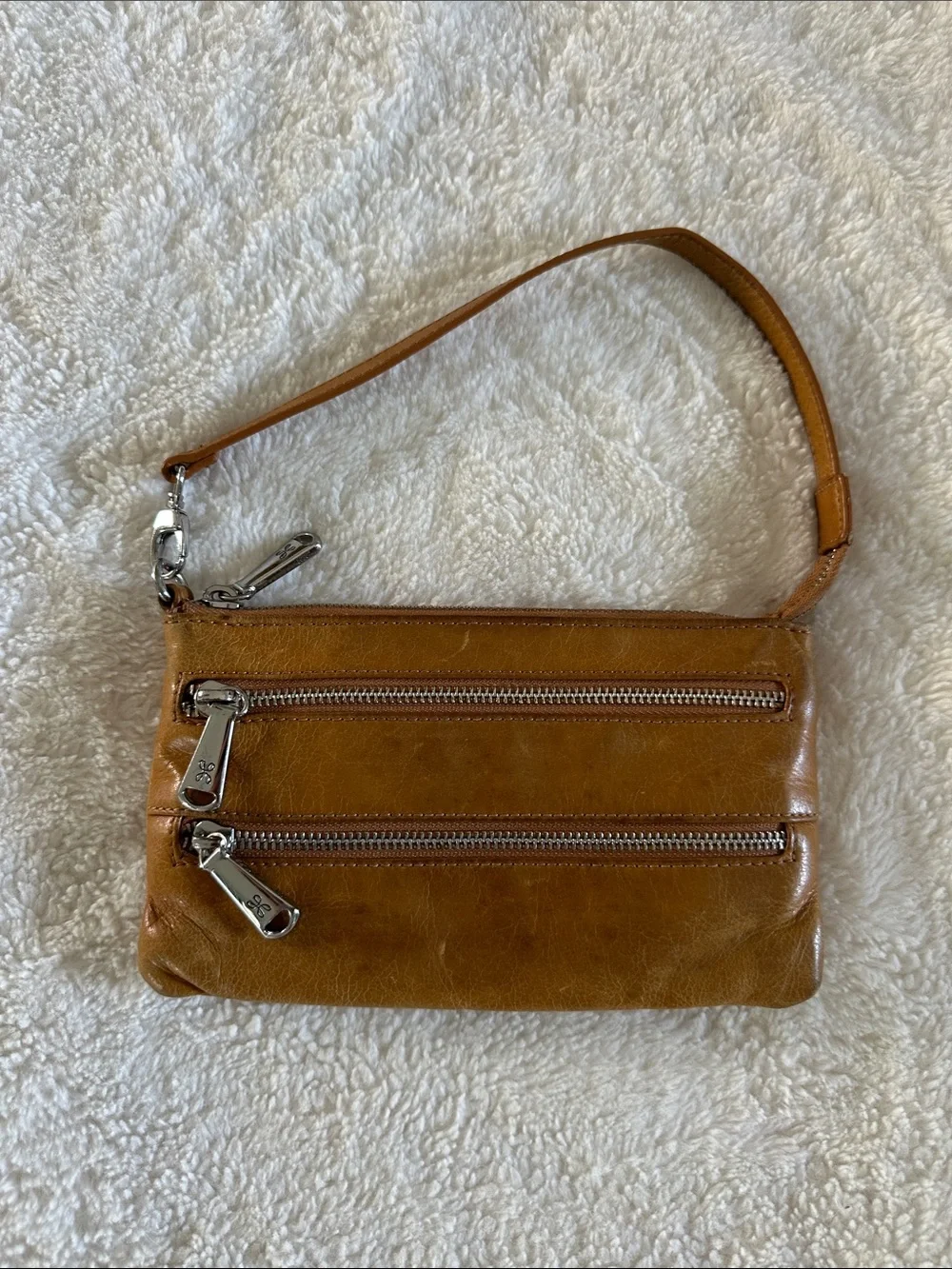 HOBO Cognac Leather Wristlet Clutch with Dual Zippers